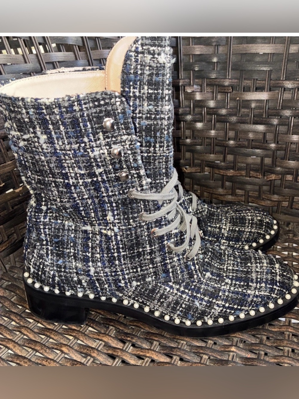 Stuart Weitzman Black Tweed Pearl Sondra Combat Boots